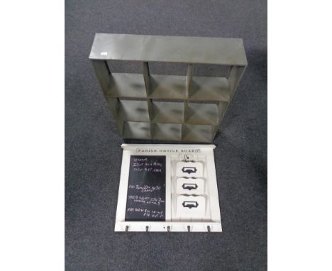 A contemporary metal pigeon hole shelf together with a chalk notice board. 