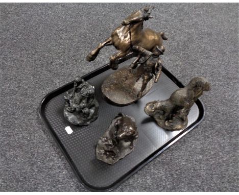 A tray containing a Heredities figure, Labrador dog with puppies, together with three other similar figures to include squirr