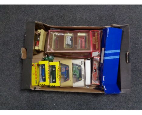 A box containing boxed die cast vehicles to include models of Yesteryear, Matchbox, Shell Sports car collection. 