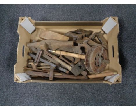 A box containing 20th century woodworking tools. 