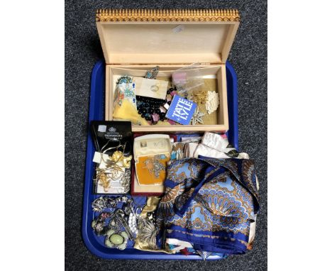 A tray of jewellery box, costume jewellery and small quantity of silk scarves 