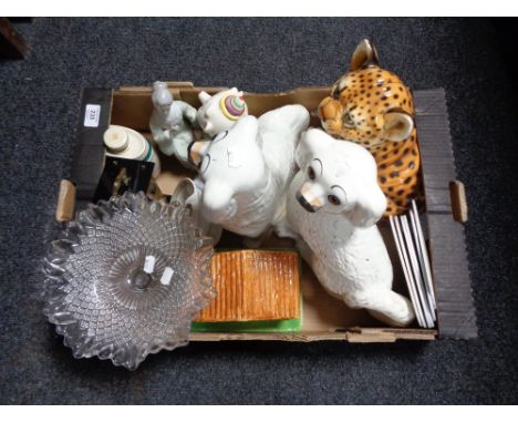 A box of miscellaneous - pair of Staffordshire dogs, pottery leopard cub, Quartz mantle clock etc 