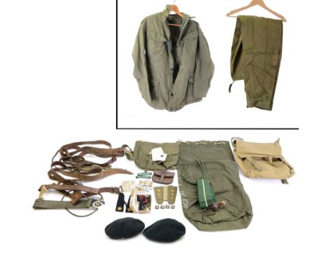 Two British Berets, fine green wool cloth with leather trim, cloth lining having makers details of “BRITISH BERET BASQUE LTD”