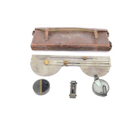 WWII British Plotting Field Instrument in Case, the metal instrument with ruled guide, used to calculate the fall of the shot