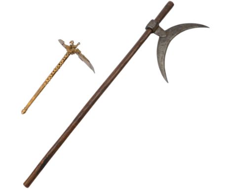  Persian sugar salt axe, decorated with coloured cabochons and cockerel finial and Persian Bulova or Tongi steel-bladed axe w