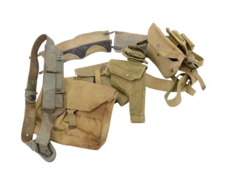 WWII and later British Army issued webbing, including gaiters, belt, with holster, ammunition case and binocular case attache