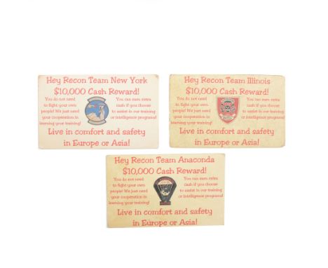 Vietnam War. North, three Vietnamese propaganda money cards, for Recon Teams Illinois, Anaconda and New York, $10,000 Cash Re
