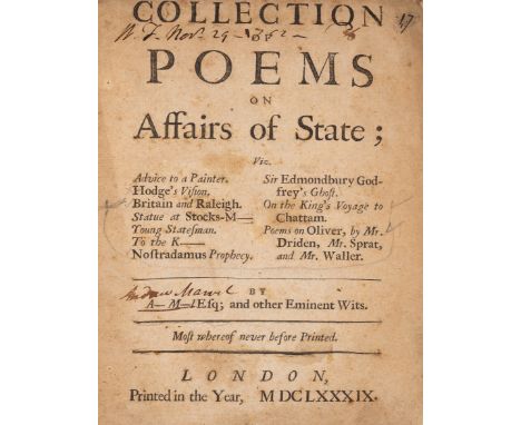 Marvell (Andrew) and others. Collection of Poems on Affairs of State, [part 1 only], first edition with Dryden's name spelt '