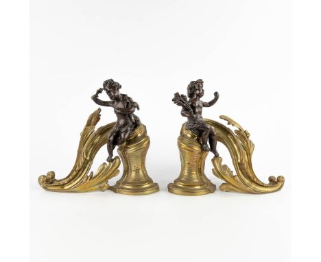 A pair of fireplace bucks made of polished and patinated bronze, decorated with putti in Louis XV style.19th century.&nbsp;Di