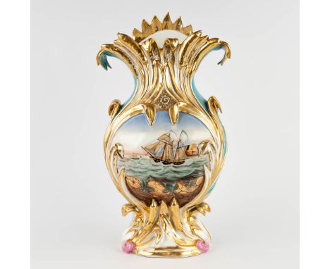 Vieux Bruxelles/Paris, a porcelain vase with a&nbsp;hand-painted decor of a ship.19th century.Dimensions:(D:17 x W:28 x H:51 