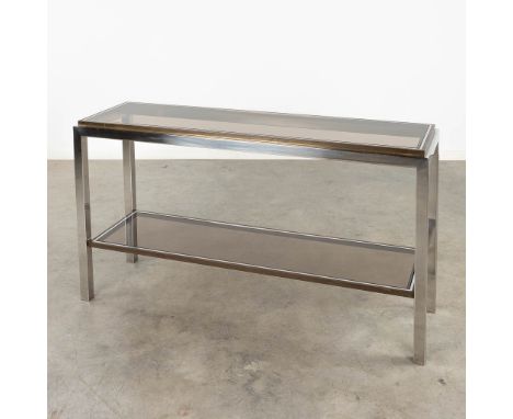 Belgio Chrome, a console table with tinted glass.&nbsp;Chromed and gold-plated metal.&nbsp;Dimensions:(D:40 x W:140 x H:77 cm