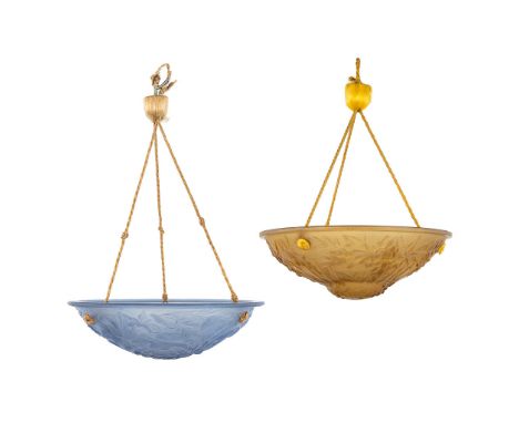 Two art glass ceiling lamps, decorated with flora. Art Deco.&nbsp;The first half of the 20th century.&nbsp;Dimensions:(D:35 c