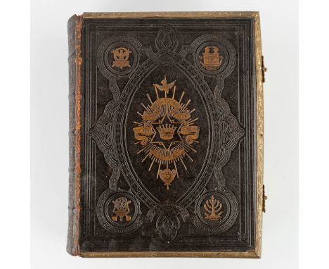 An antique 'Holy Bible' with thick and decorated leather cover. 19th C.&nbsp;Titled: 'Browns Self-Interpreting Family Bible'.