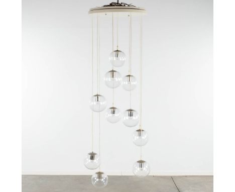 Raak, Amsterdam, a large ceiling lamp with 10 glass balls.20th century.The set is probably a marriage, as some pendants have 