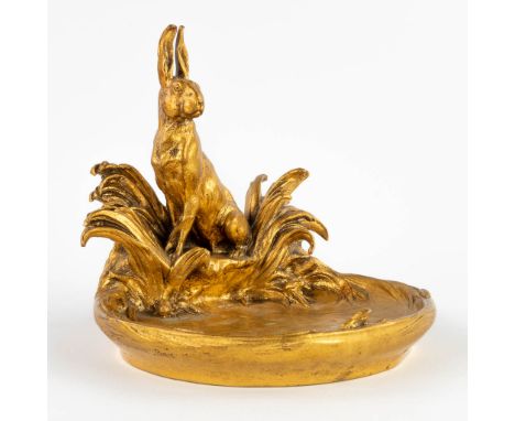 Charles PAILLET (1871-1937) 'Vide Poche with a Hare, a pond and frogs'.&nbsp;Gilt bronze.&nbsp;Foundry mark of Barbedienne. C