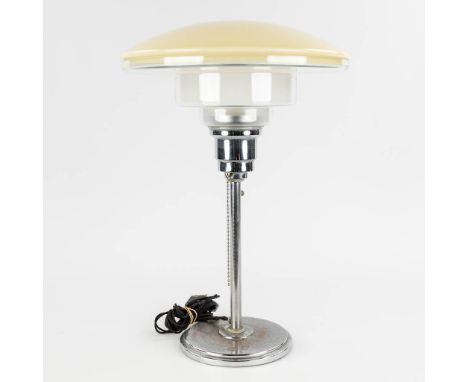 C.F. Otto MULLER (act.1930-?) 'Table Lamp T4', art deco, circa 1930.&nbsp;Chromed metal with a clear and coloured glass shade