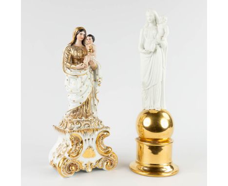 Vieux Bruxelles/Paris, two 'Madonna with child'. Gold-plated bisque, porcelain. 19th century.&nbsp;Dimensions:(H:45 x D:14 cm