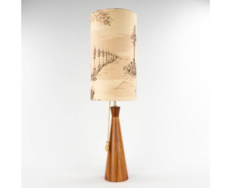 A mid-century Scandinavian table lamp, turned wood with the original lampshade.&nbsp;Dimensions are including the lampshade.&