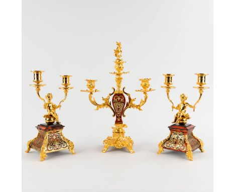 Three table candelabra, gilt bronze and Boulle, tortoise Shell and copper inlay.Fully restored.&nbsp;Napoleon 3, 19th C.&nbsp