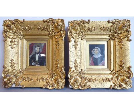 A good pair of circa 1820 miniature portraits in their original gilt frames: gentleman holding a silver snuff box and wine gl