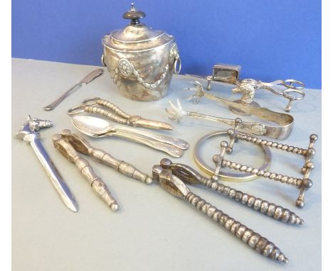 Various silver plate to include a Georgian-style (later) lidded soup tureen, grape scissors, snuffers, knife rests, nutcracke