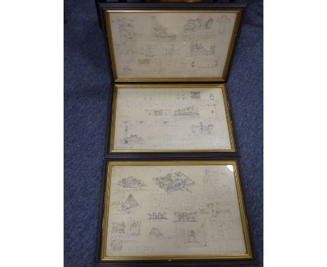 Three ebonised and parcel-gilt framed and glazed architect's drawings (different study sheets etc.) to include 'Unity and Con