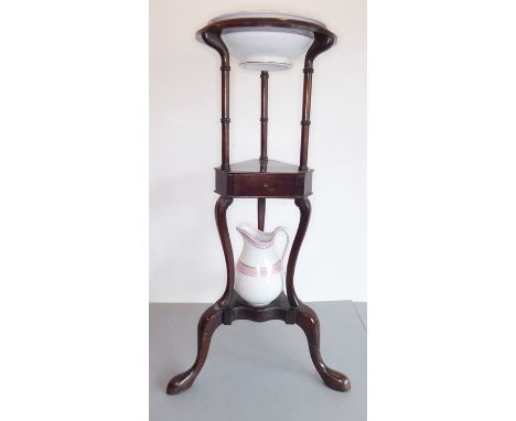 An 18th century style mahogany washstand with single drawer and tripod base&nbsp;Condition - the bowl and jug are included - 