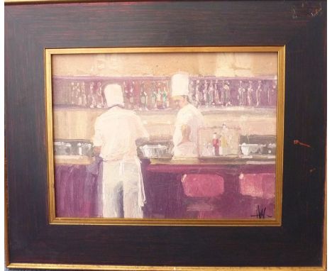 A parcel-gilt-framed contemporary oil on canvas study of two chefs, bottles of wine on a shelf behind them, monogrammed lower