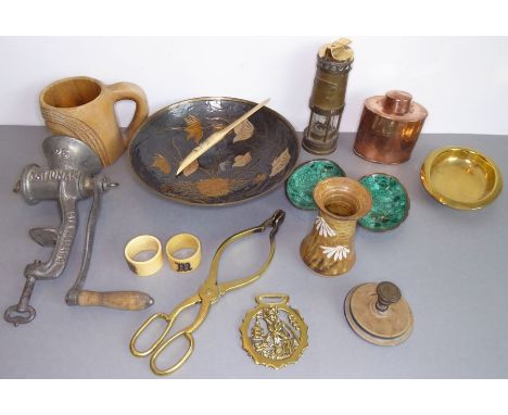 A small assortment of various metalware to include a oval copper tea caddy marked J.S. &amp; S., together with a novelty tabl