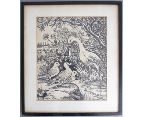 Louis Wain (1860-1939); a black ink heightened with body colour sketch; Spoonbill looking down upon three doves, signed lower