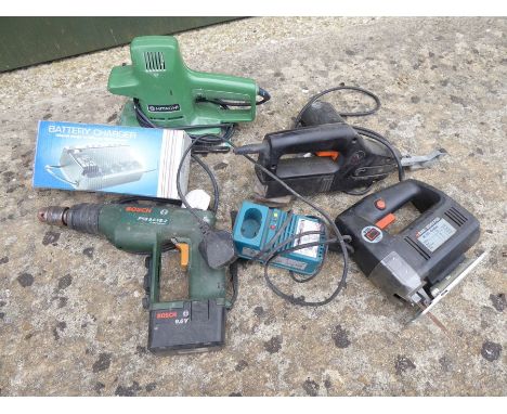 A box of odds to include four power tools and battery charger