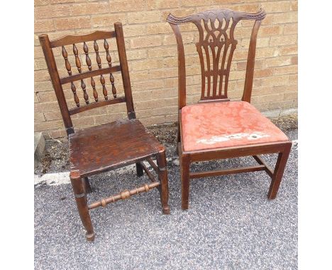 A Chippendale-style mahogany salon chair with pierced splat, drop-in seat and square section Marlborough legs united by an H-