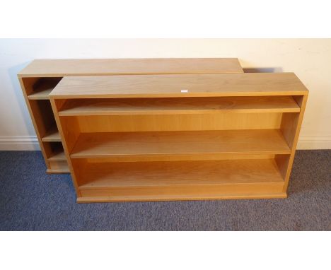 A pair of custom-made three-shelf light-oak bookcases (124 x 70 x 23cm)