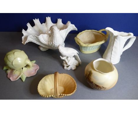 A selection of Royal Worcester porcelain to include a blanc de chine large shell dish, small leaf jug and a bird model, toget