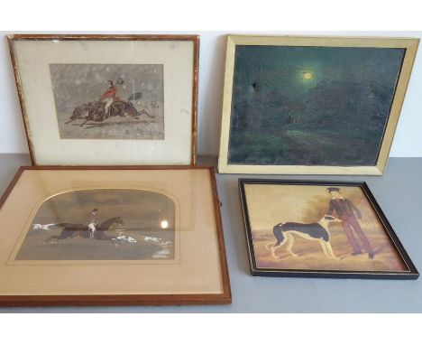 An early 20th century framed and glazed fox-hunting pastel together with two other similar pictures and a framed oil on canva