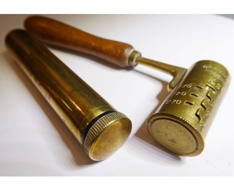 A 19th century gunpowder and lead-shot measure, together with an oil container for a .303 rifle with H. J&amp;S maker's mark 