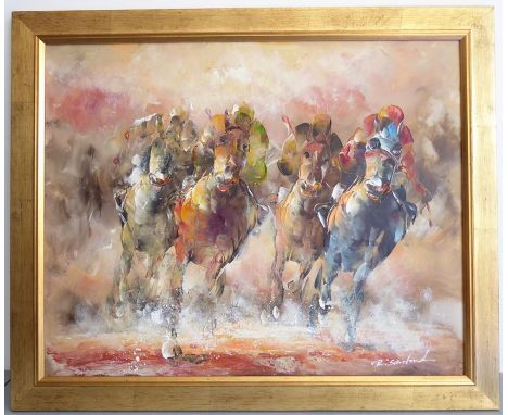 An original gilt-framed oil on canvas contemporary study of racehorses and jockeys in full flight, signed R Sanford (49cm x 6