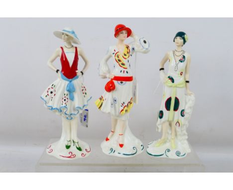Three Art Deco style figures by Royal Worcester / Compton & Woodhouse from the Pizzazz Collection, sculpted by Nigel Stevens 