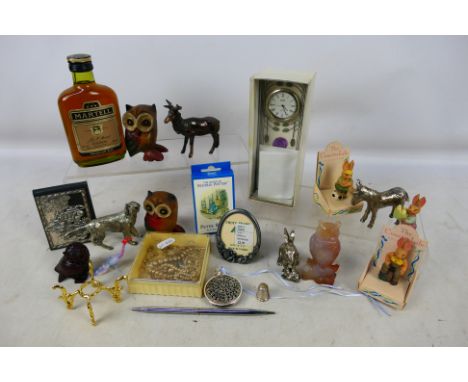 Lot to include animal figures, 16cl bottle of Martell cognac, silver thimble, small quantity of costume jewellery and scrap r