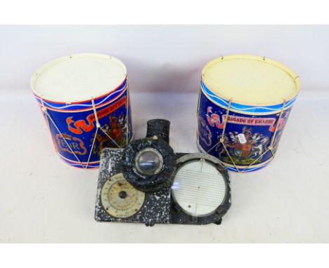 An Air Ministry Drift Recorder MkII and two model Brigade Of Guards drums. [W]