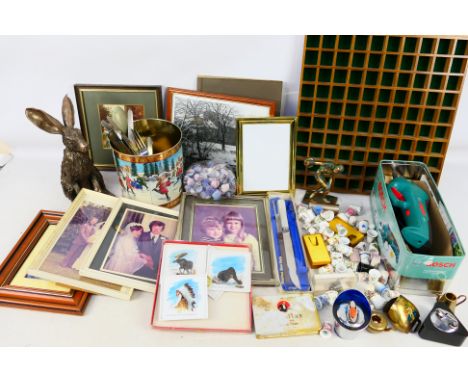 Lot to include flatware, Bosch power tool, rabbit figure, thimbles and other. [W]