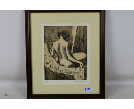 A limited edition etching depicting a female nude, numbered 43/100 and signed in pencil by the artist Mike Bernstein, dated `