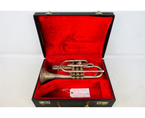 A vintage Olds Ambassador silver plated cornet in fitted case. [W]