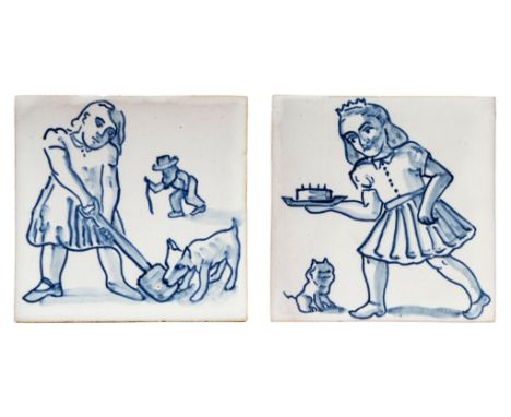 Paula Rego (b.1935)(after) - Little Girl Series two painted ceramic tiles, 1990, signed in black pen, from the Little Girl se