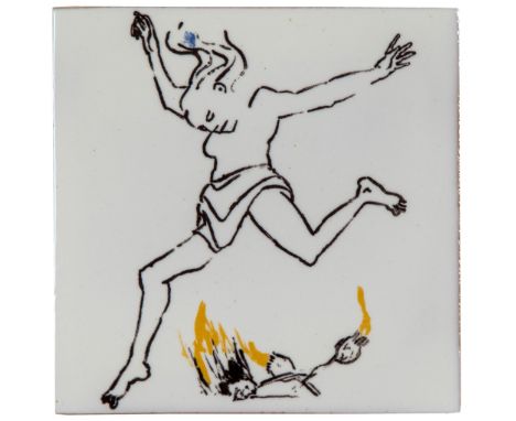 Paula Rego (b.1935) - Leaping Woman painted ceramic tile, signed in black ink verso, numbered 112/150, produced by Ratton Cer