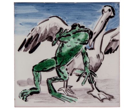 Paula Rego (b.1935) - Bird Chasing a Frog painted ceramic tile, 1997, signed in blue ink verso, numbered 15/50, produced by R