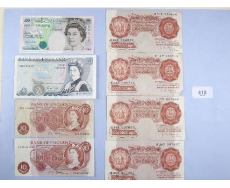 A wad of Bank of England notes including: 10 shillings L K O'Brien prefix: C93Y, B83Y, E14Y and U17Y.  J S Fforde prefix: 96Z