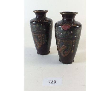 A pair of Japanese Meiji period cloisonne enamel vases in original boxes, one a/f, 12cm