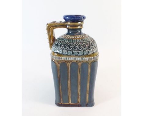 A Victorian Doulton Lambeth stoneware flask with blue linear decoration and stylised floral decoration to shoulders