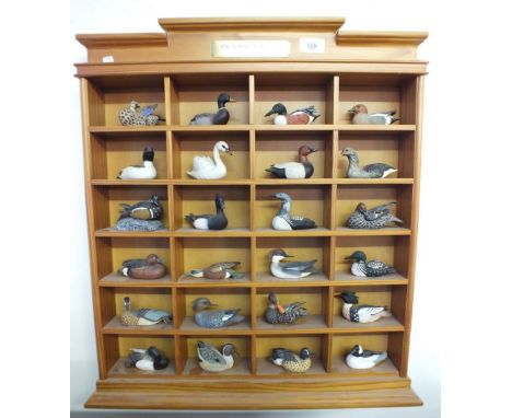 A set of twenty four Danbury Mint composition modelled ducks on display shelf - 'Wildfowl Showcase'